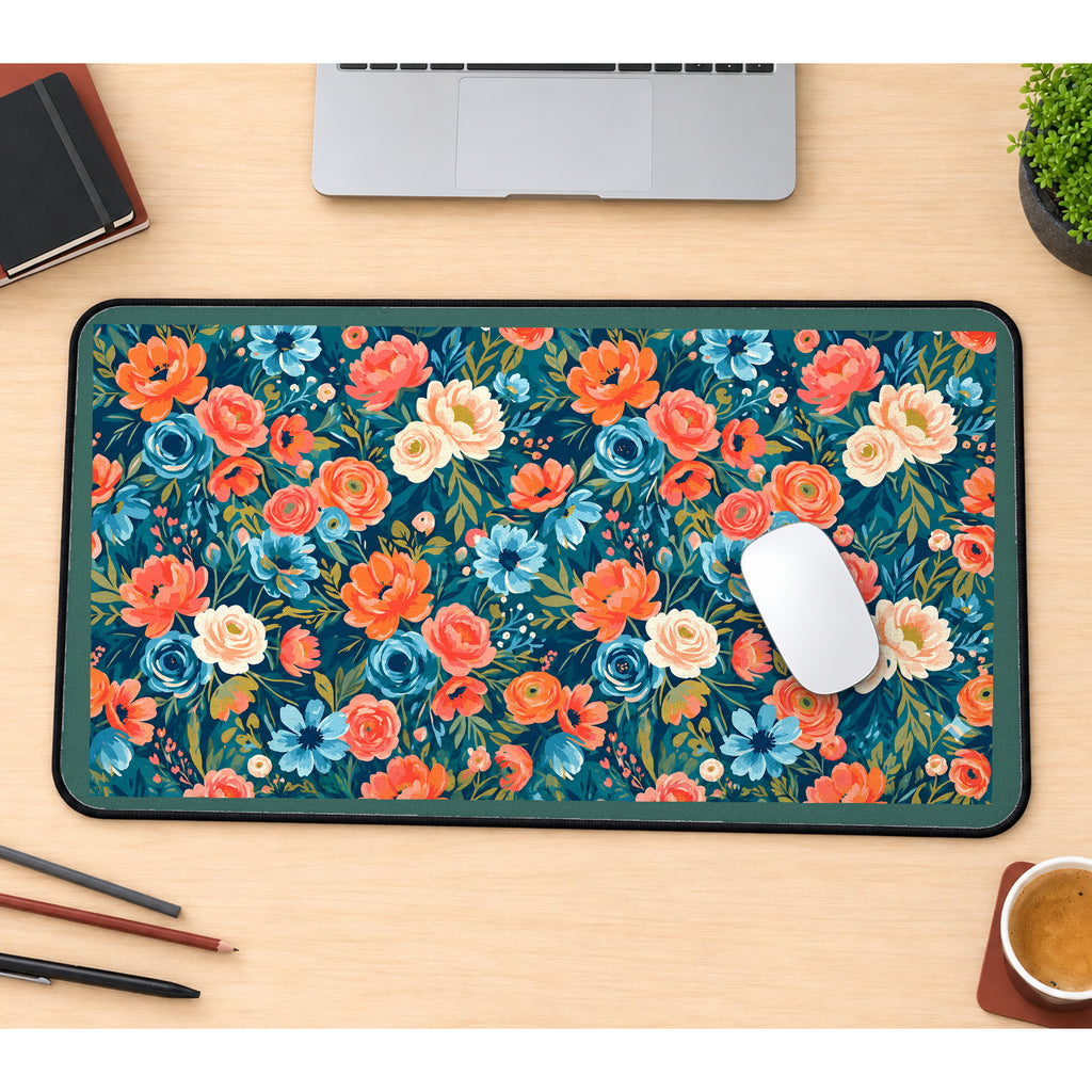 Coral and Cream Flowers on Teal desk mat — product mockup 1