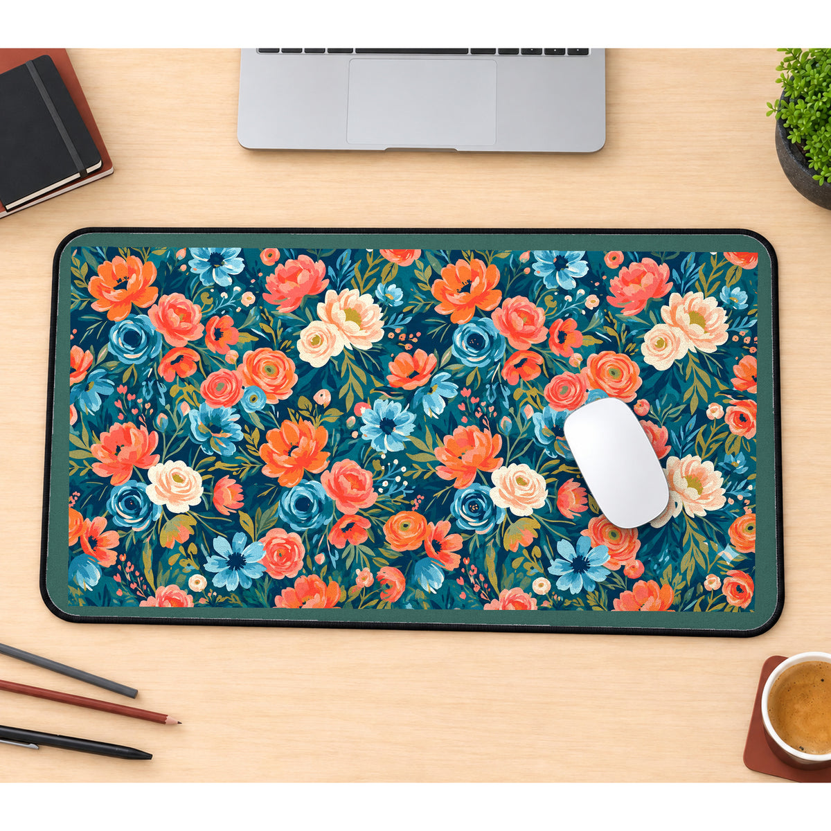 Coral and Cream Flowers on Teal desk mat — product mockup 1