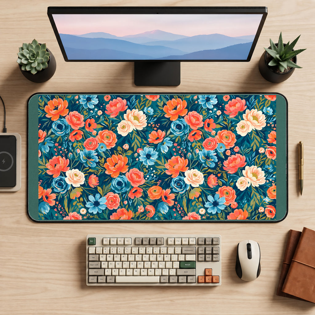 Coral and Cream Flowers on Teal desk mat — product mockup 2