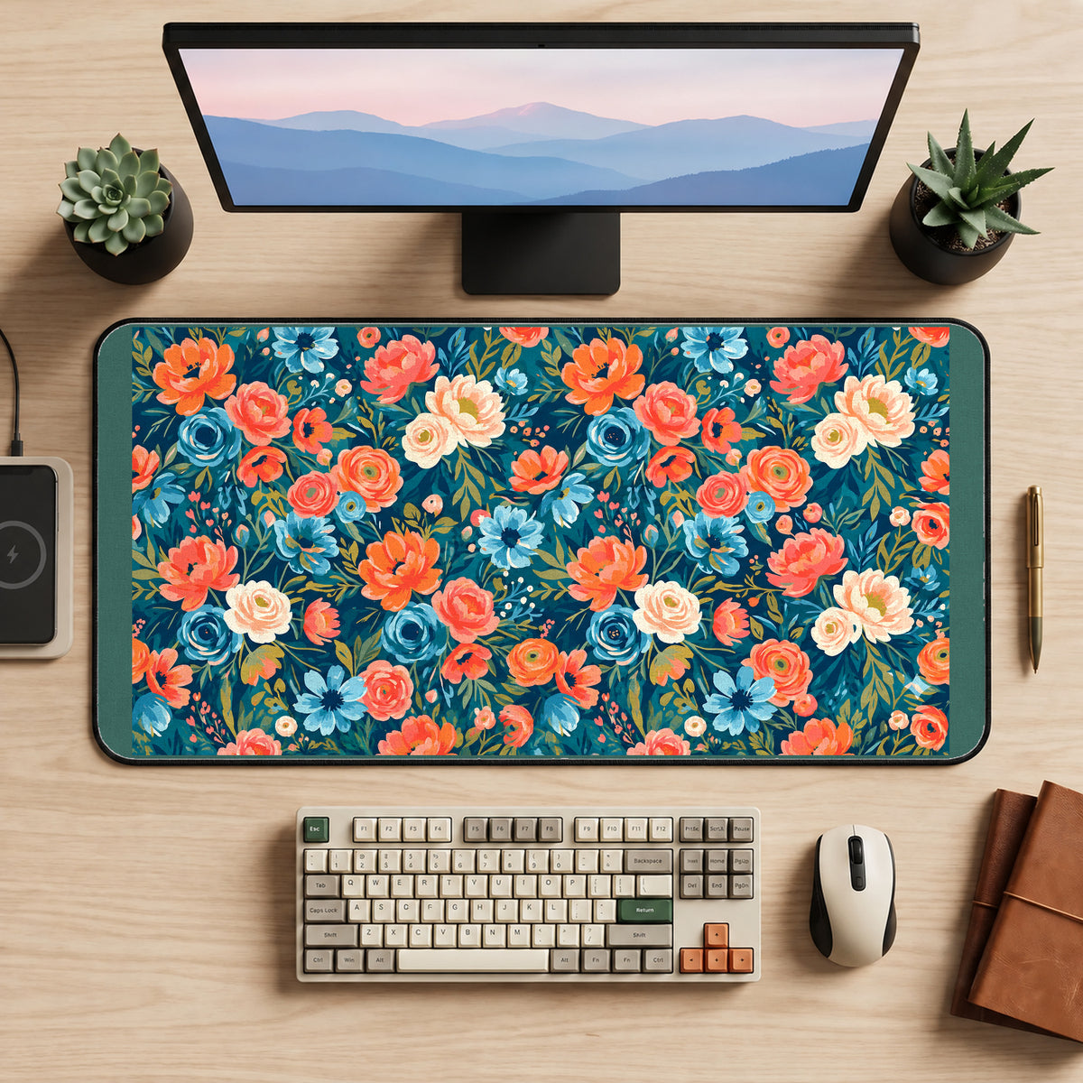 Coral and Cream Flowers on Teal desk mat — product mockup 2