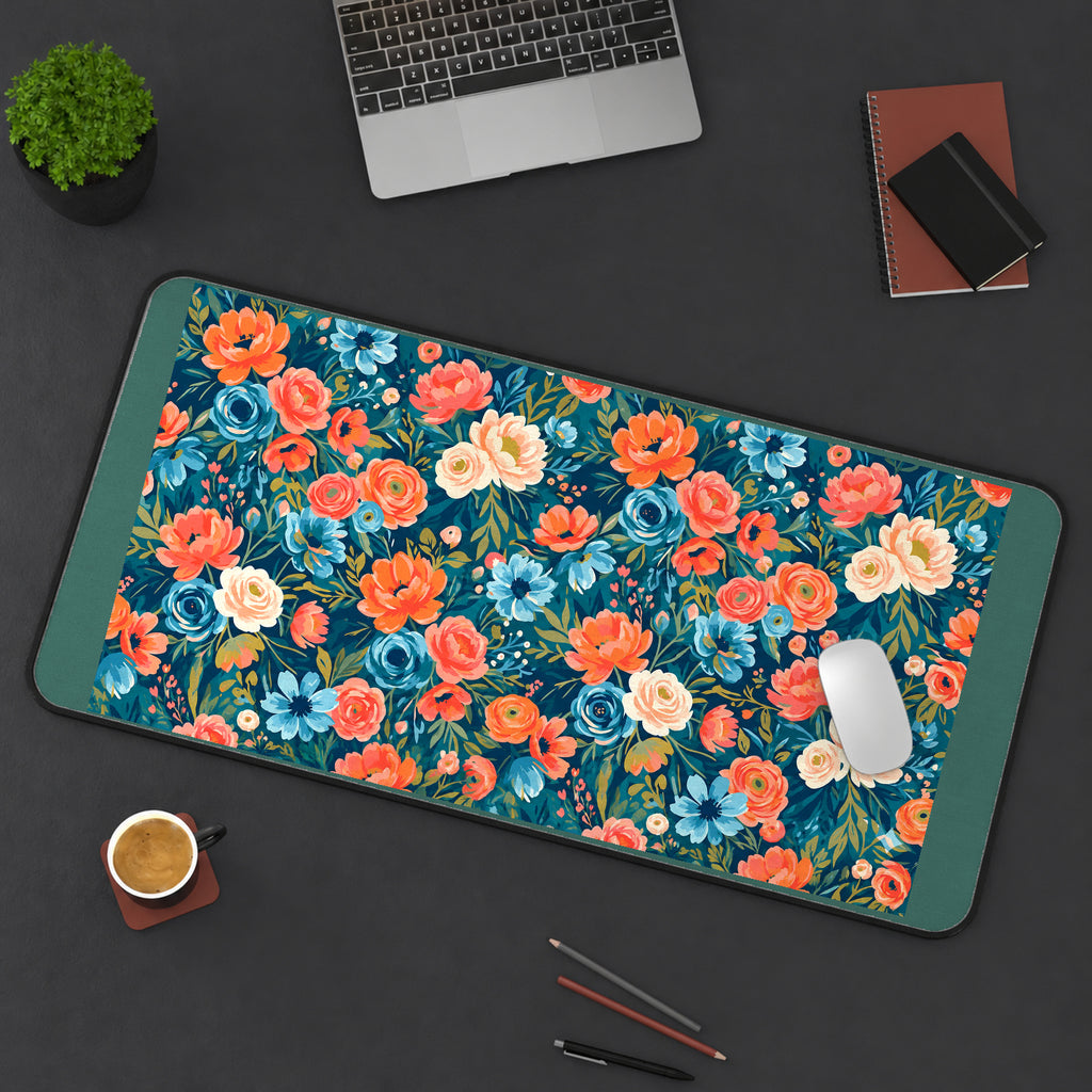 Coral and Cream Flowers on Teal desk mat — product mockup 3
