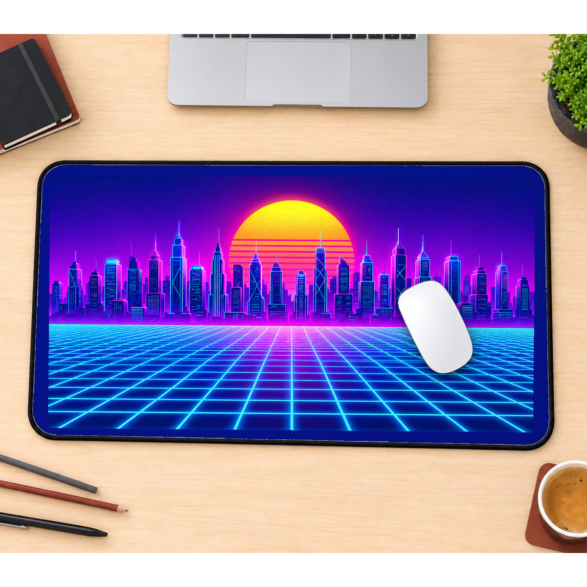 Retro Neon Skyline and Grid desk mat — product mockup 1