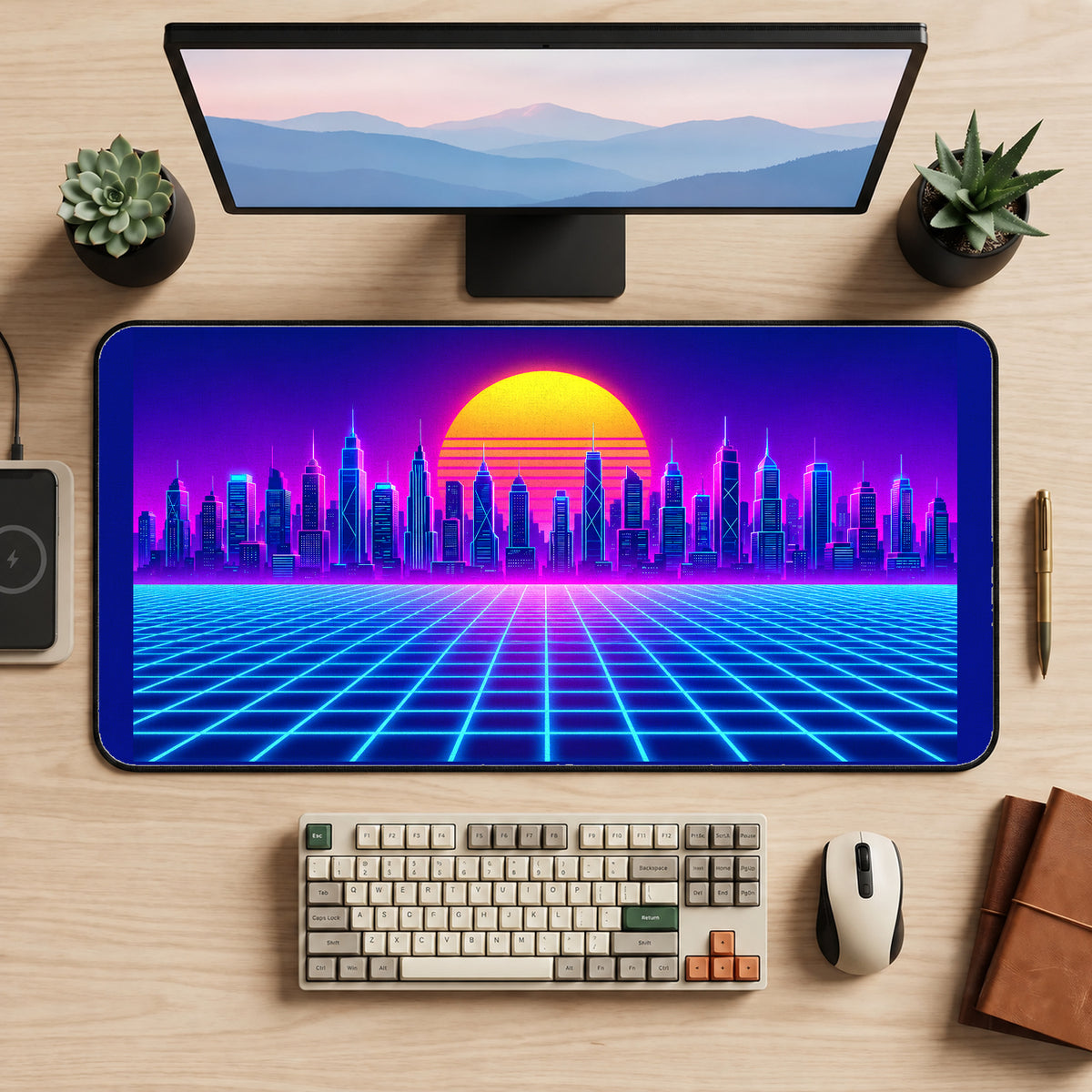 Retro Neon Skyline and Grid desk mat — product mockup 2
