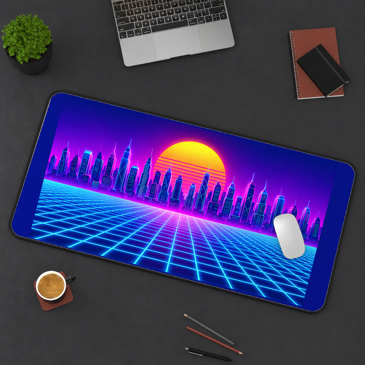 Retro Neon Skyline and Grid desk mat — product mockup 3