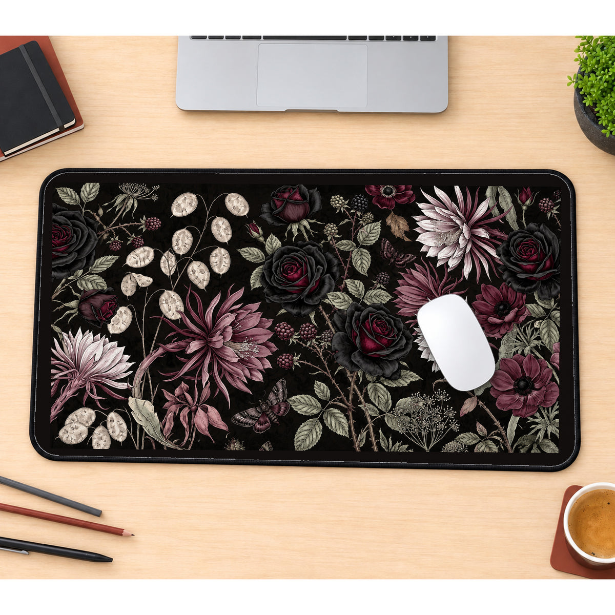 Black Roses and Dusty Pink Flowers desk mat — product mockup 1