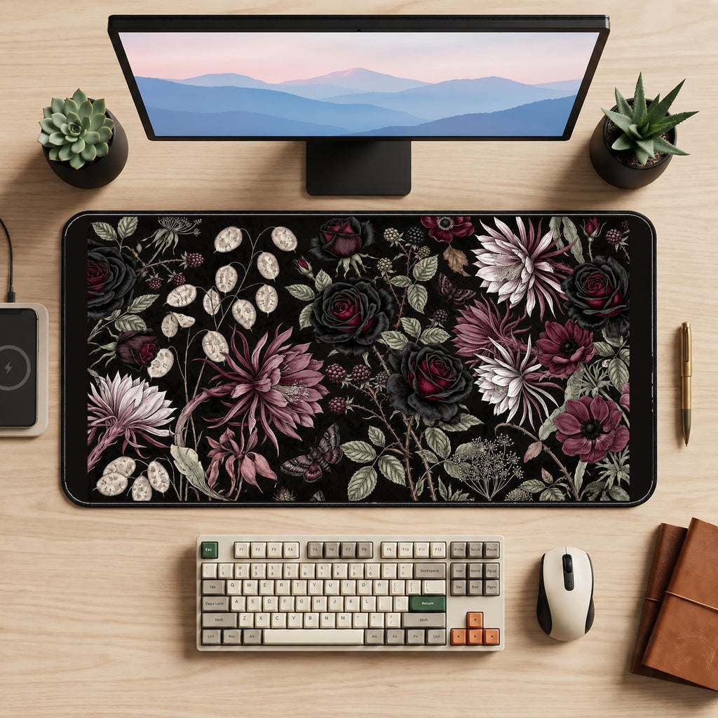 Black Roses and Dusty Pink Flowers desk mat — product mockup 2