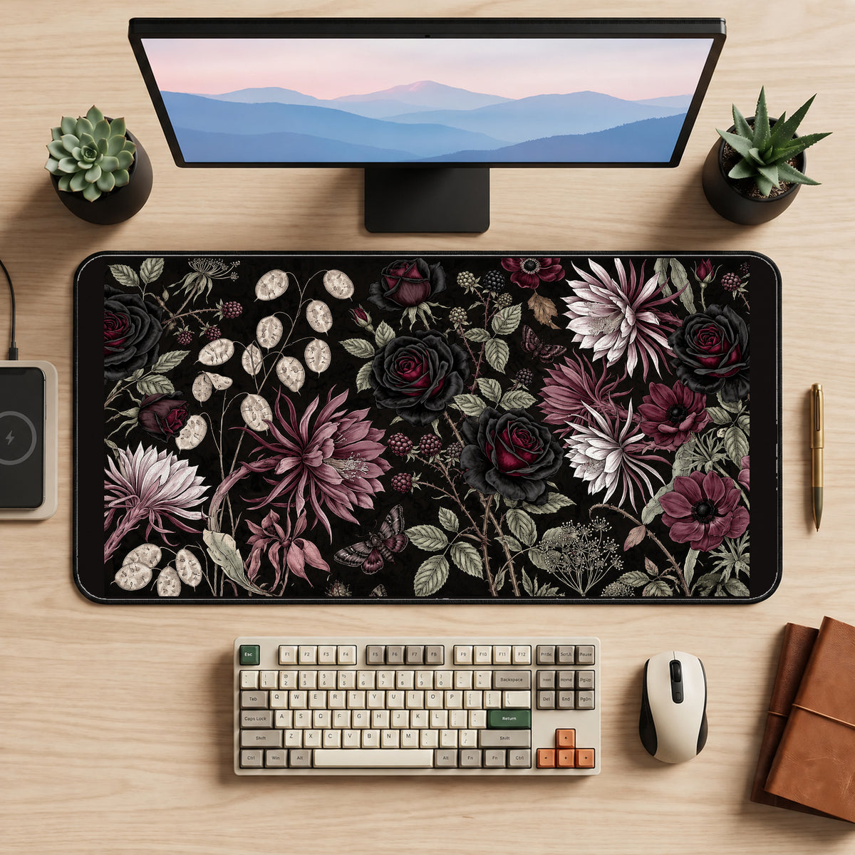 Black Roses and Dusty Pink Flowers desk mat — product mockup 2