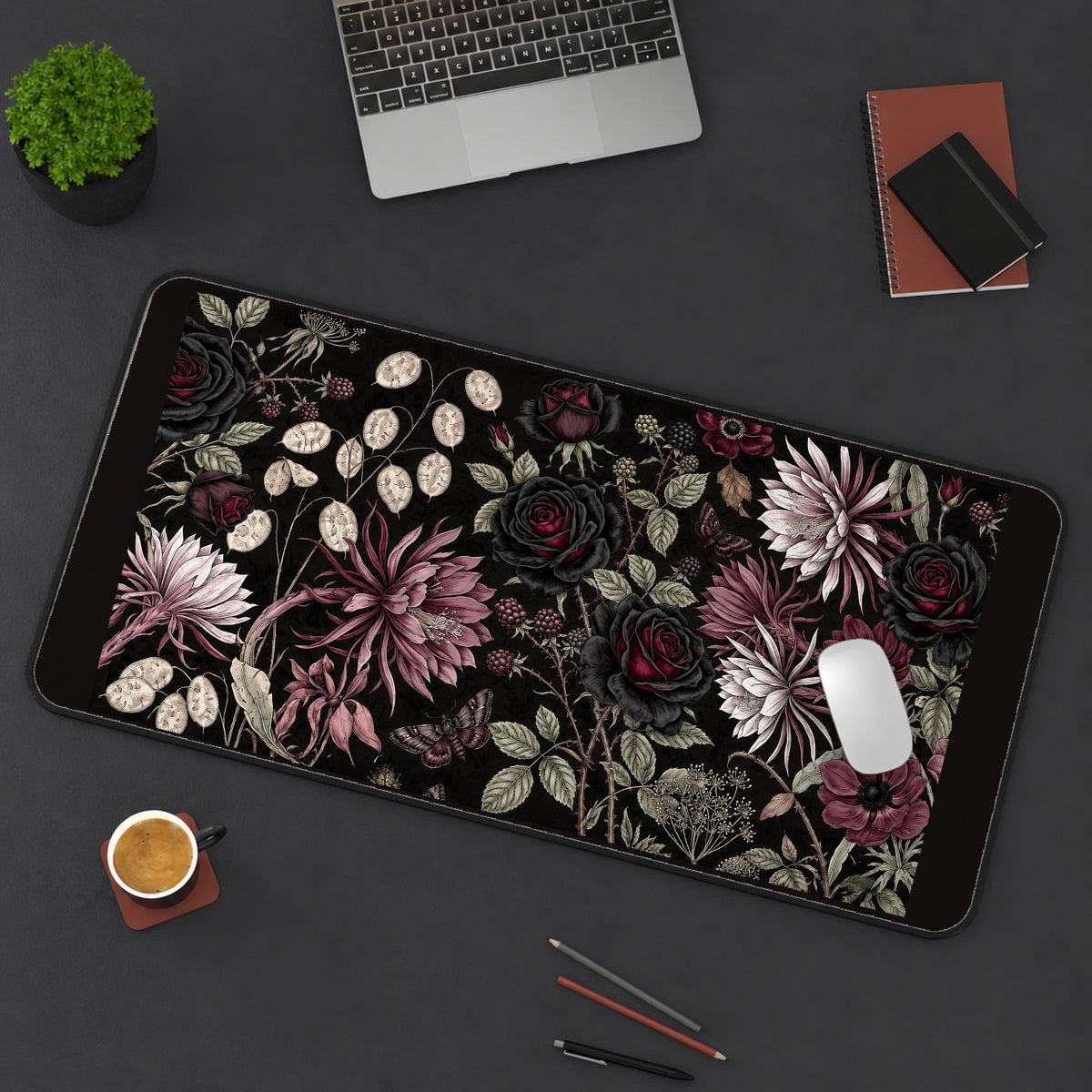 Black Roses and Dusty Pink Flowers desk mat — product mockup 3