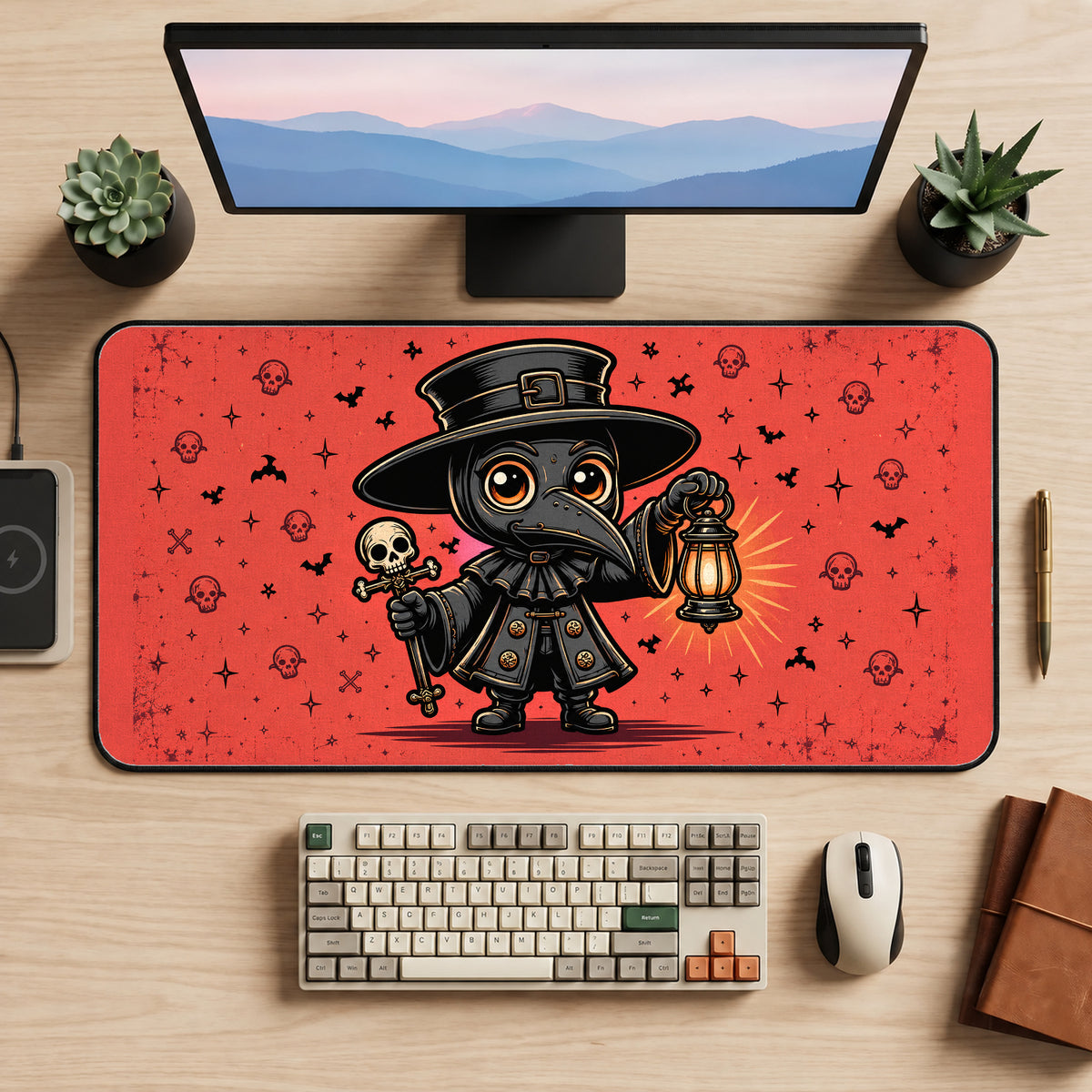 Tiny Plague Doctor with a Lantern desk mat — product mockup 2
