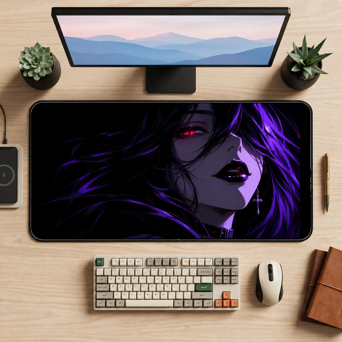 Purple Lit Vampire Woman desk mat — product mockup 2
