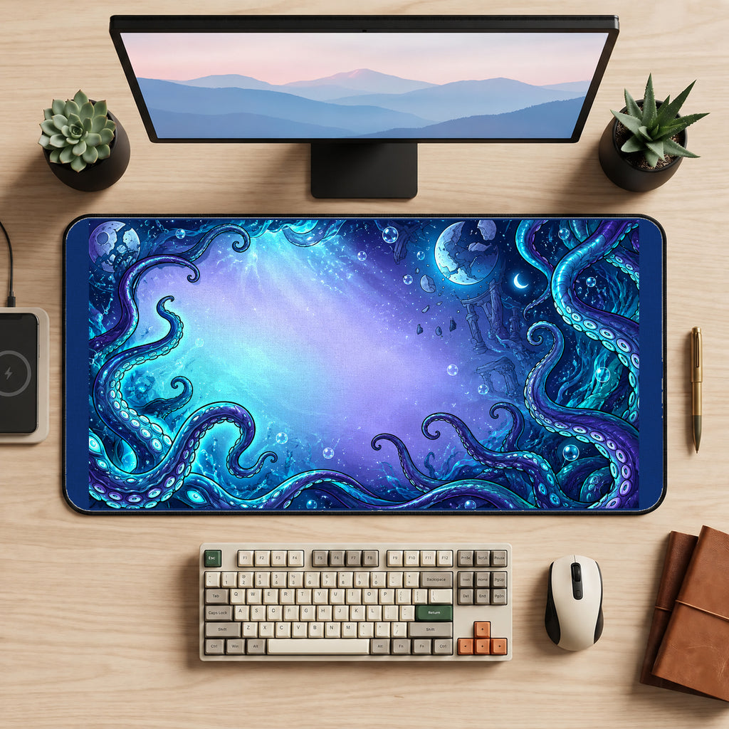 Blue Tentacles around a Cosmic Opening desk mat — product mockup 2