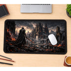 Armored Knight before Burning Ruins desk mat — product mockup 1