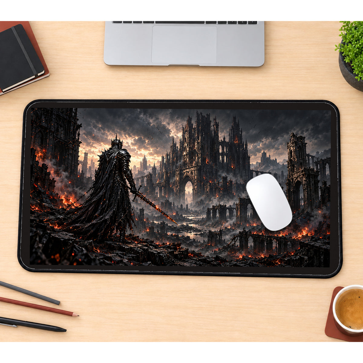 Armored Knight before Burning Ruins desk mat — product mockup 1