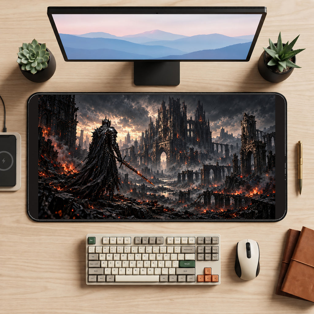 Armored Knight before Burning Ruins desk mat — product mockup 2