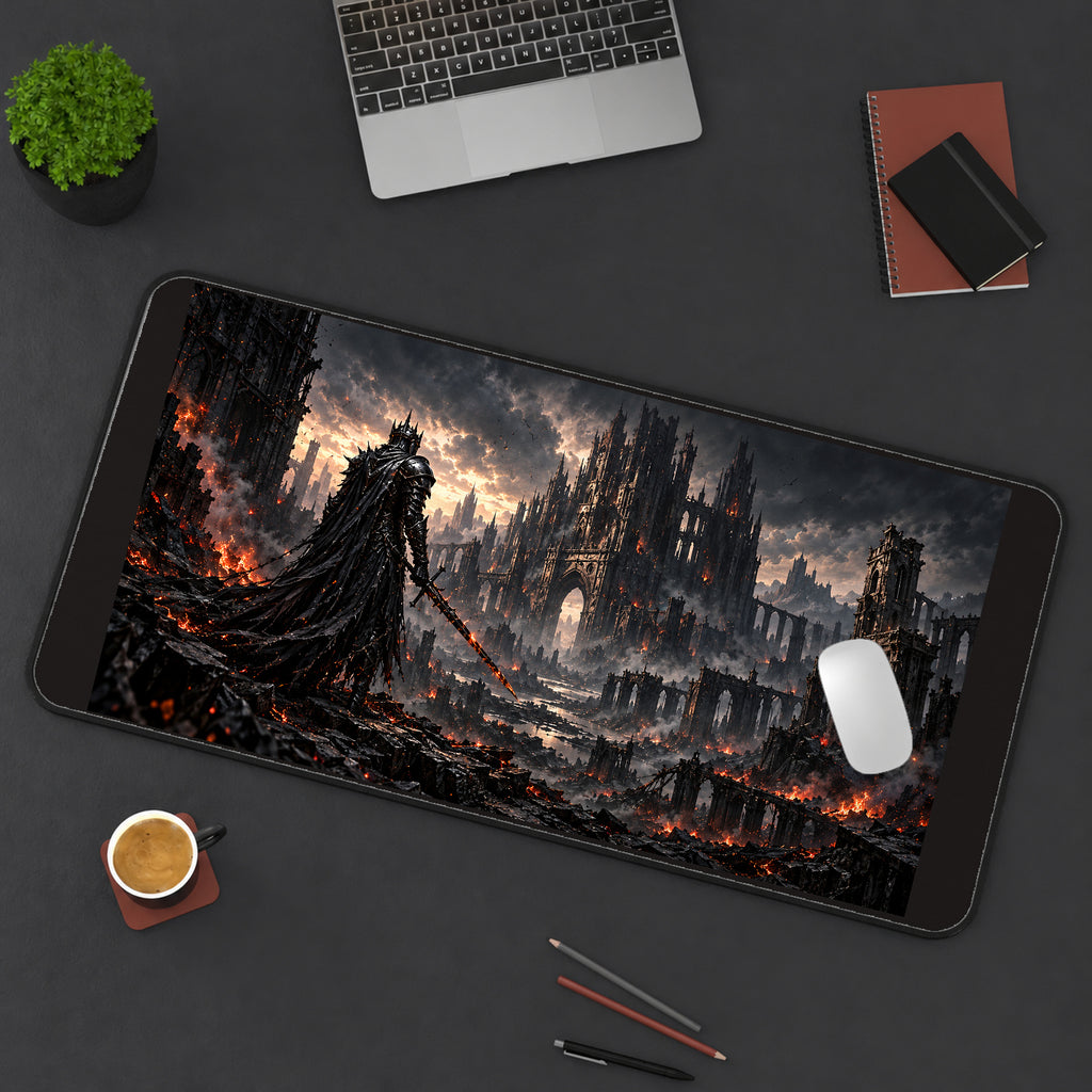 Armored Knight before Burning Ruins desk mat — product mockup 3