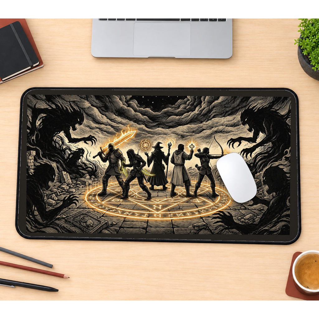 Fantasy Heroes in a Rune Circle desk mat — product mockup 1