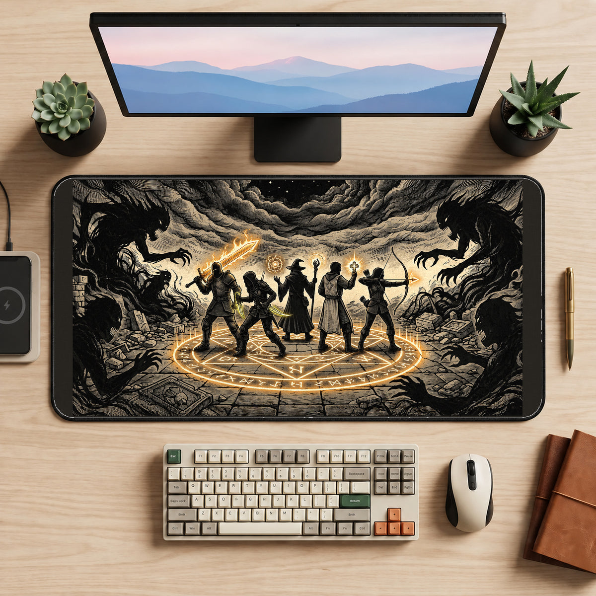 Fantasy Heroes in a Rune Circle desk mat — product mockup 2