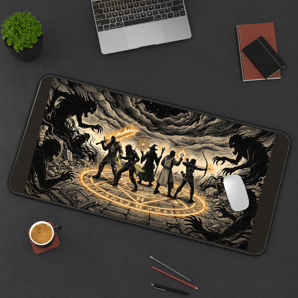 Fantasy Heroes in a Rune Circle desk mat — product mockup 3