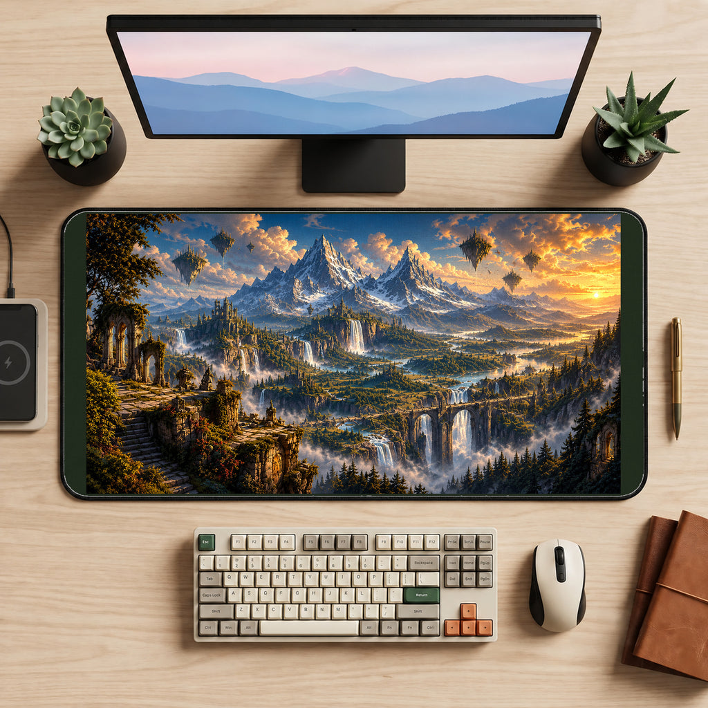 Golden Mountain Ruins and Waterfalls desk mat — product mockup 2