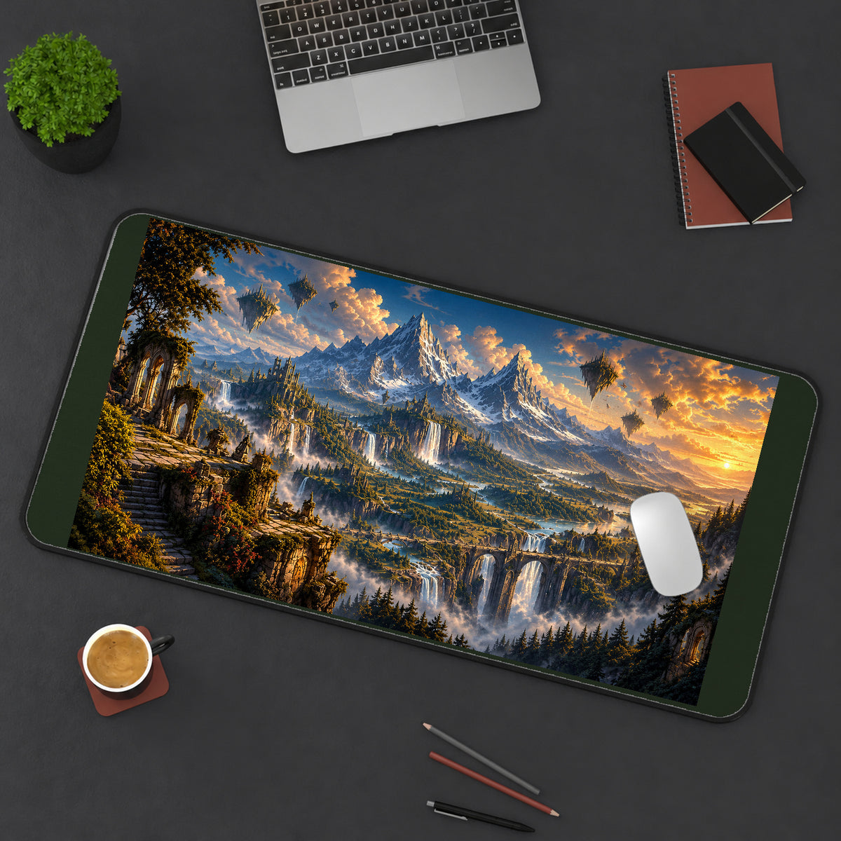 Golden Mountain Ruins and Waterfalls desk mat — product mockup 3
