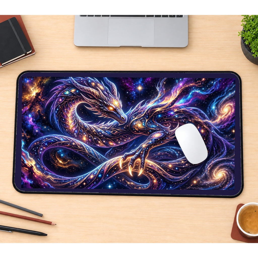 Cosmic Dragon Coiling through Stars desk mat — product mockup 1