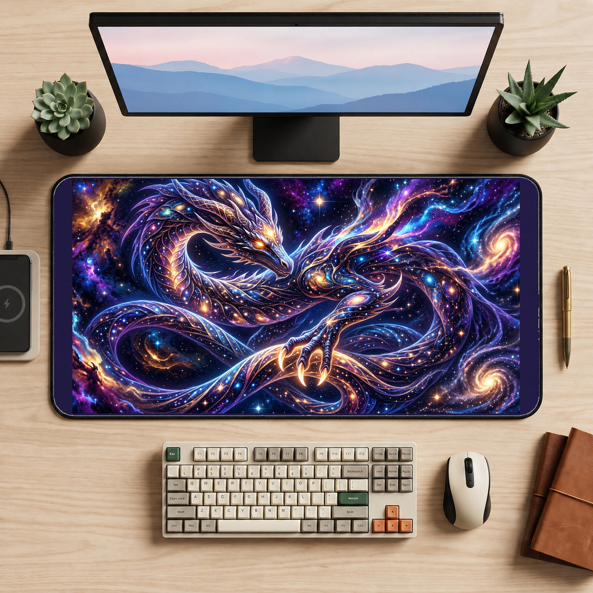 Cosmic Dragon Coiling through Stars desk mat — product mockup 2