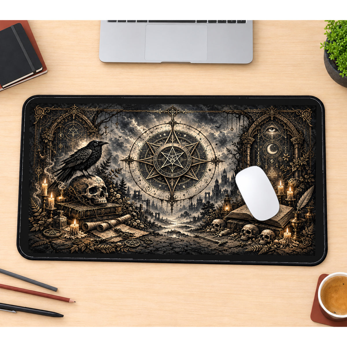Raven and Occult Celestial Compass desk mat — product mockup 1