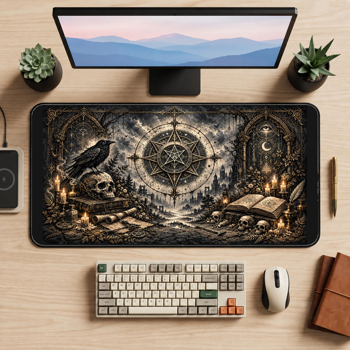 Raven and Occult Celestial Compass desk mat — product mockup 2