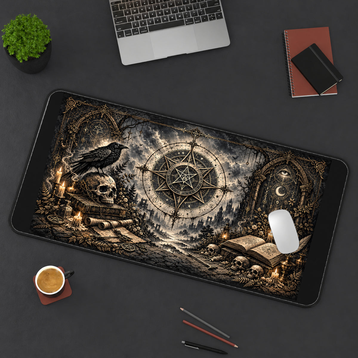 Raven and Occult Celestial Compass desk mat — product mockup 3