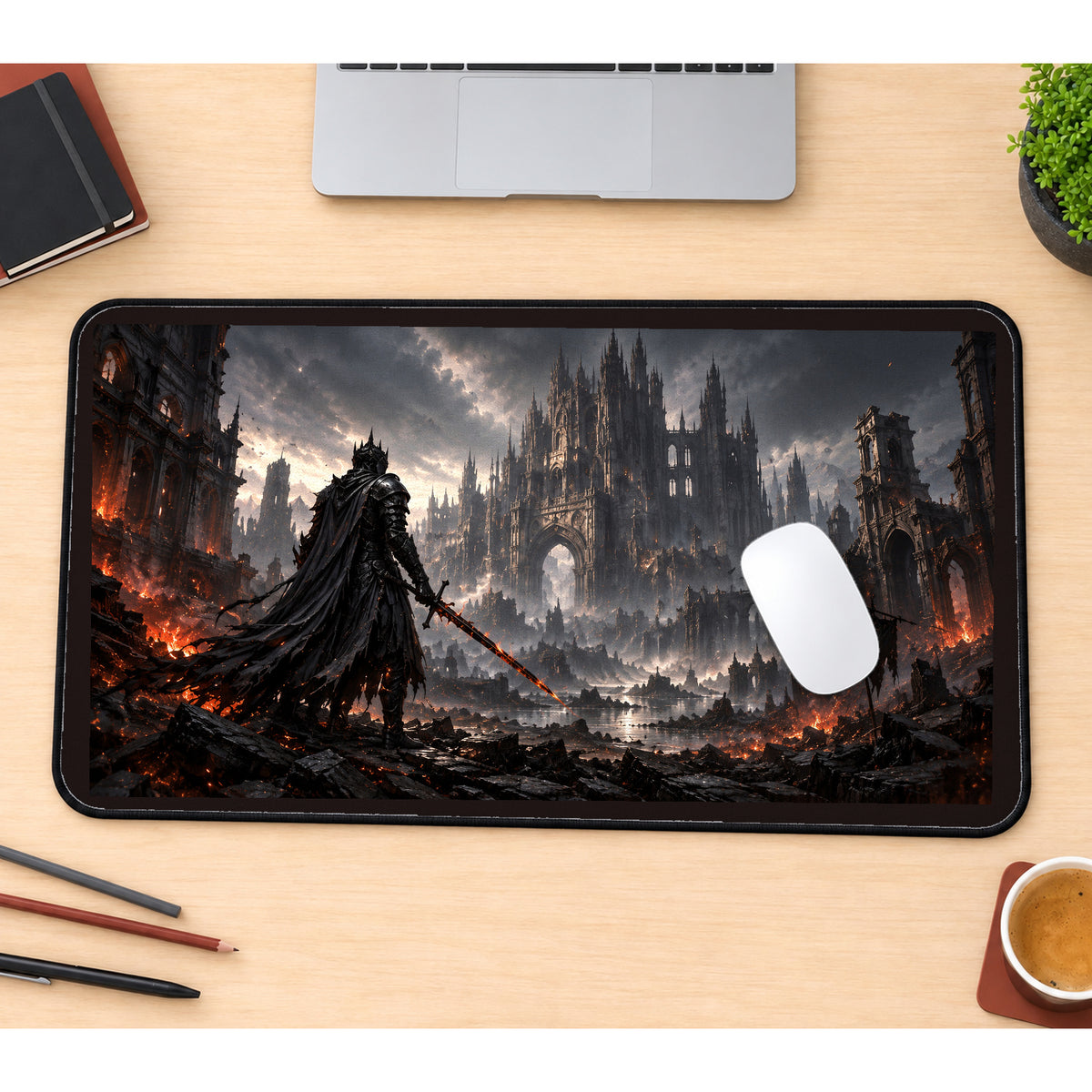 Cloaked Knight at a Ruined City desk mat — product mockup 1