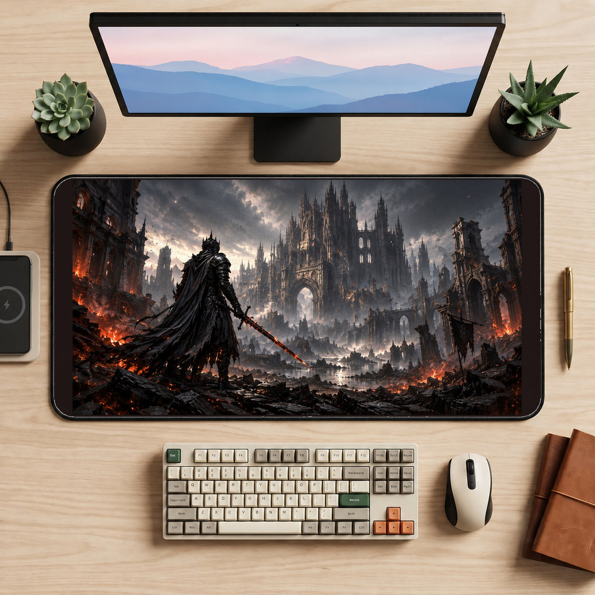Cloaked Knight at a Ruined City desk mat — product mockup 2