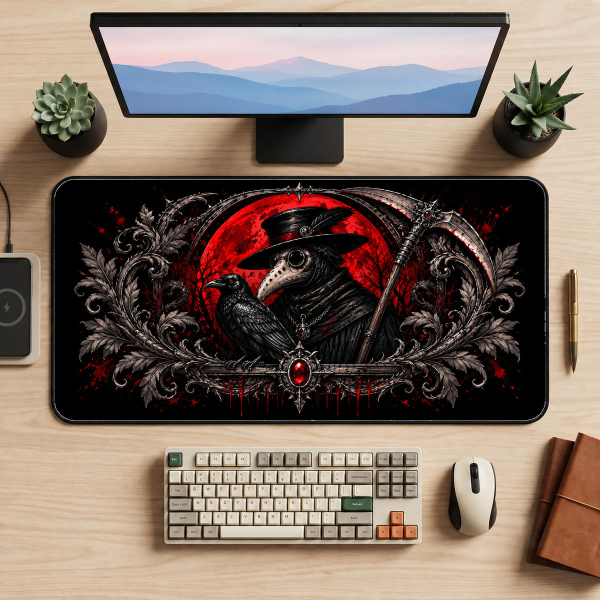 Plague Doctor and Ravens desk mat — product mockup 2