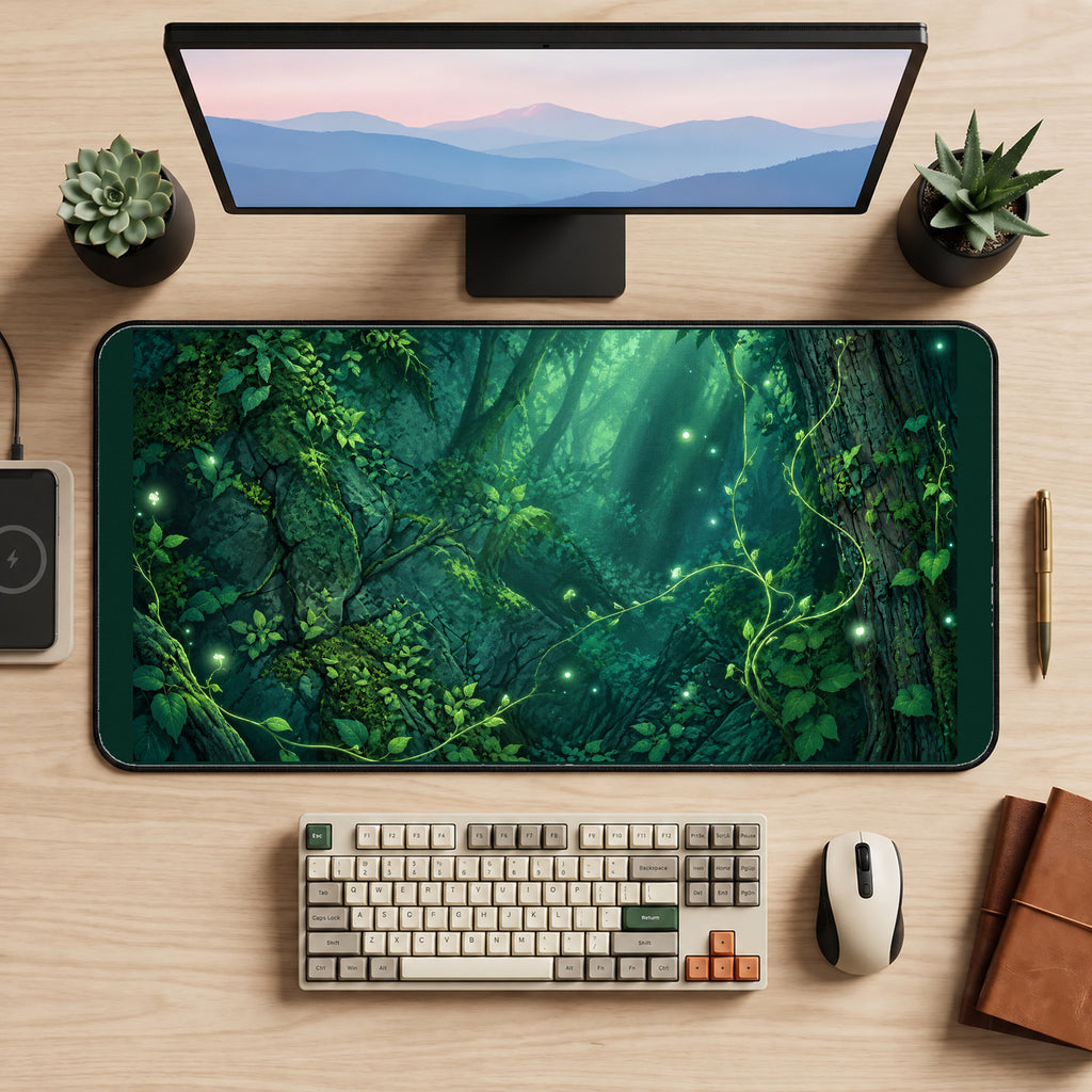 Glowing Woodland Passage desk mat — product mockup 2