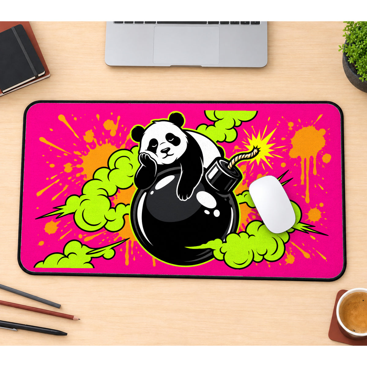 Panda on a Cartoon Bomb desk mat — product mockup 1