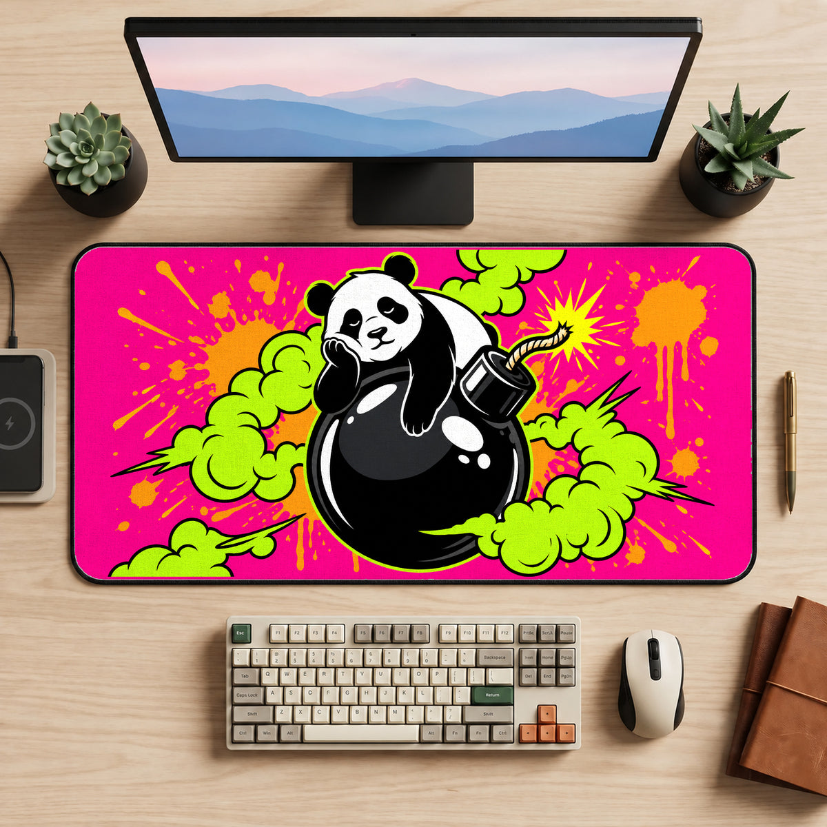 Panda on a Cartoon Bomb desk mat — product mockup 2