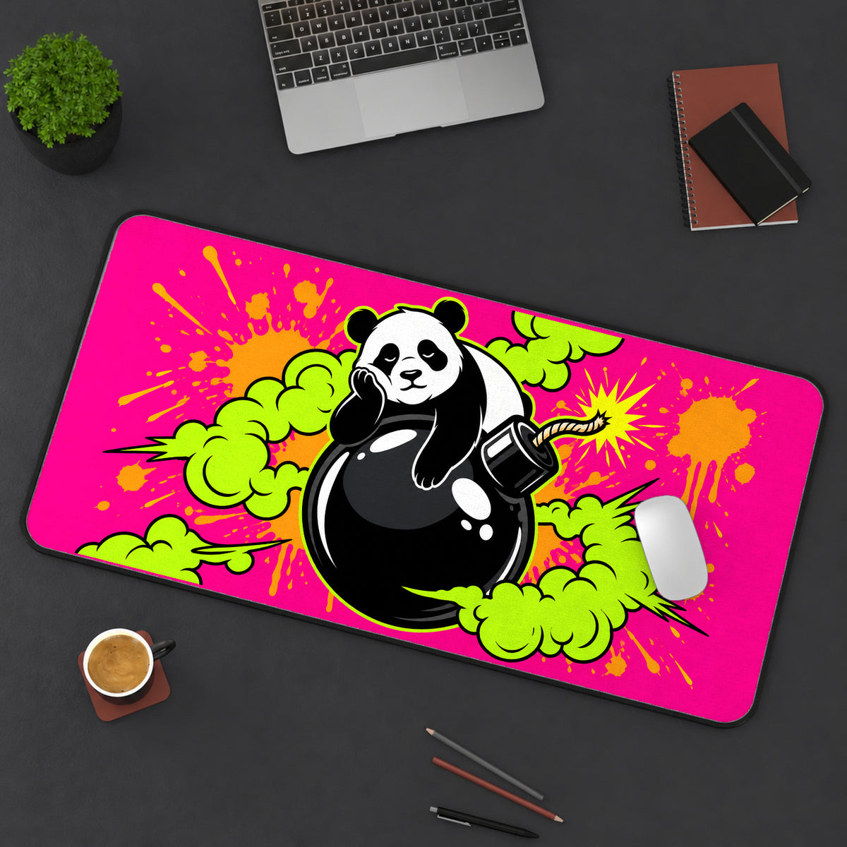 Panda on a Cartoon Bomb desk mat — product mockup 3