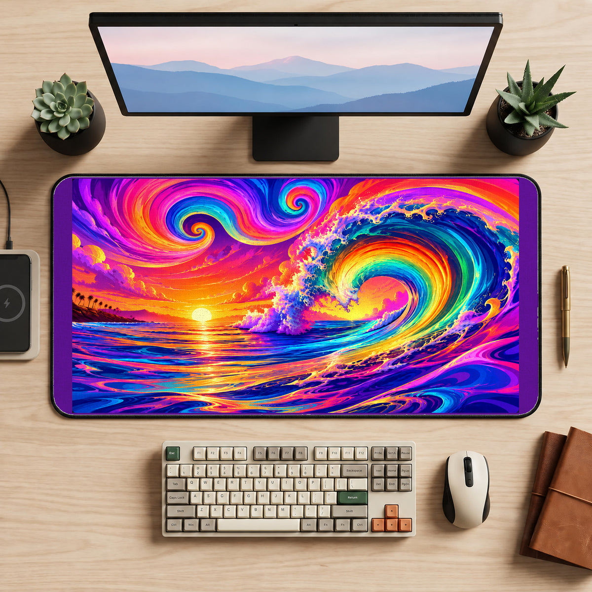 Rainbow Sunset Surf desk mat — product mockup 2