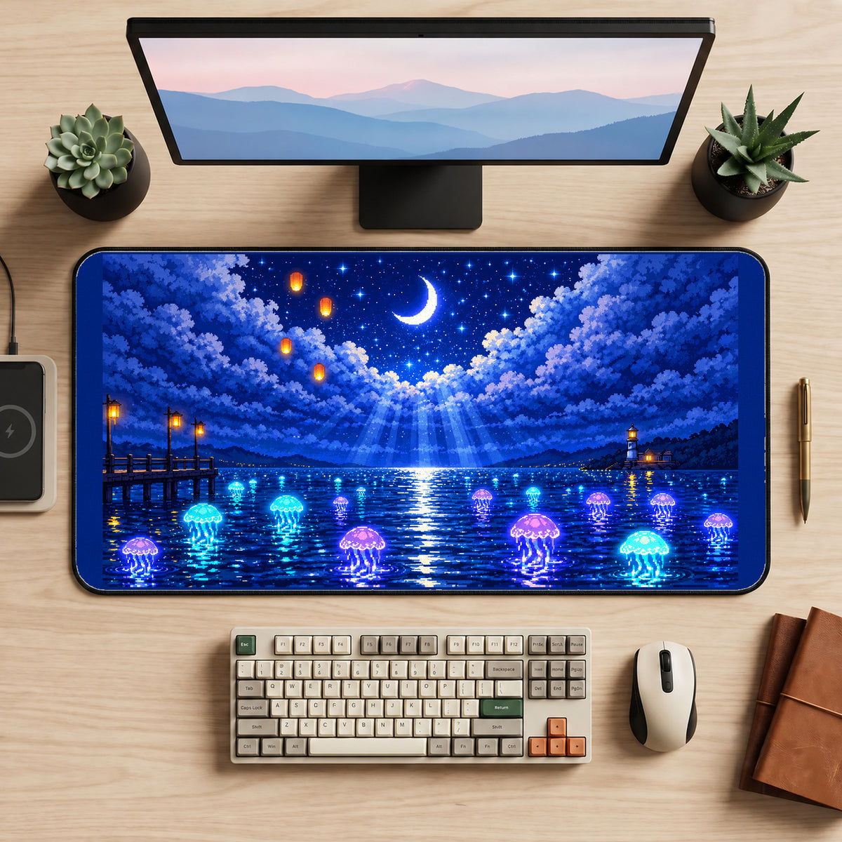 Moonlit Jellyfish Lake desk mat — product mockup 2