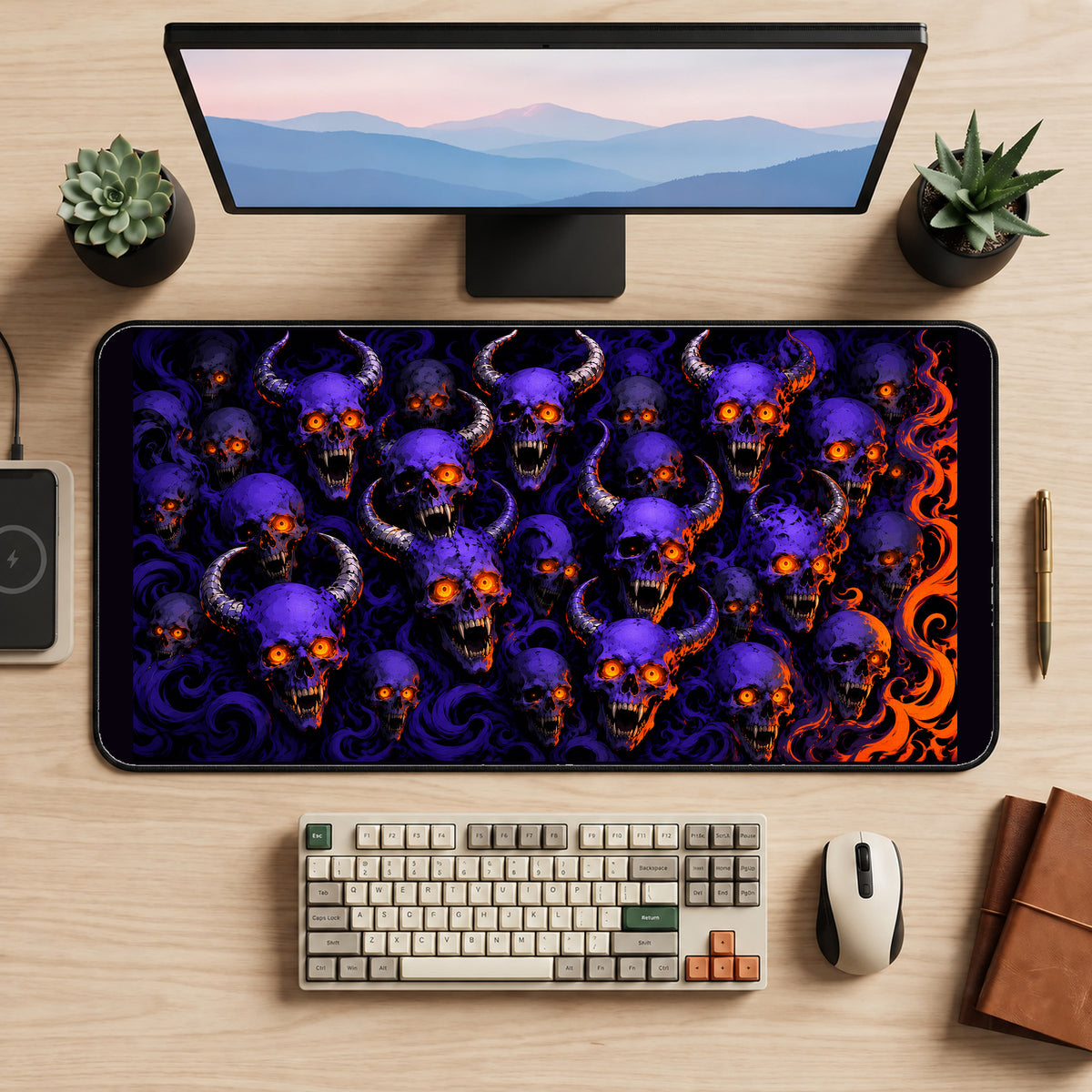 Purple Demon Skull Pattern desk mat — product mockup 2