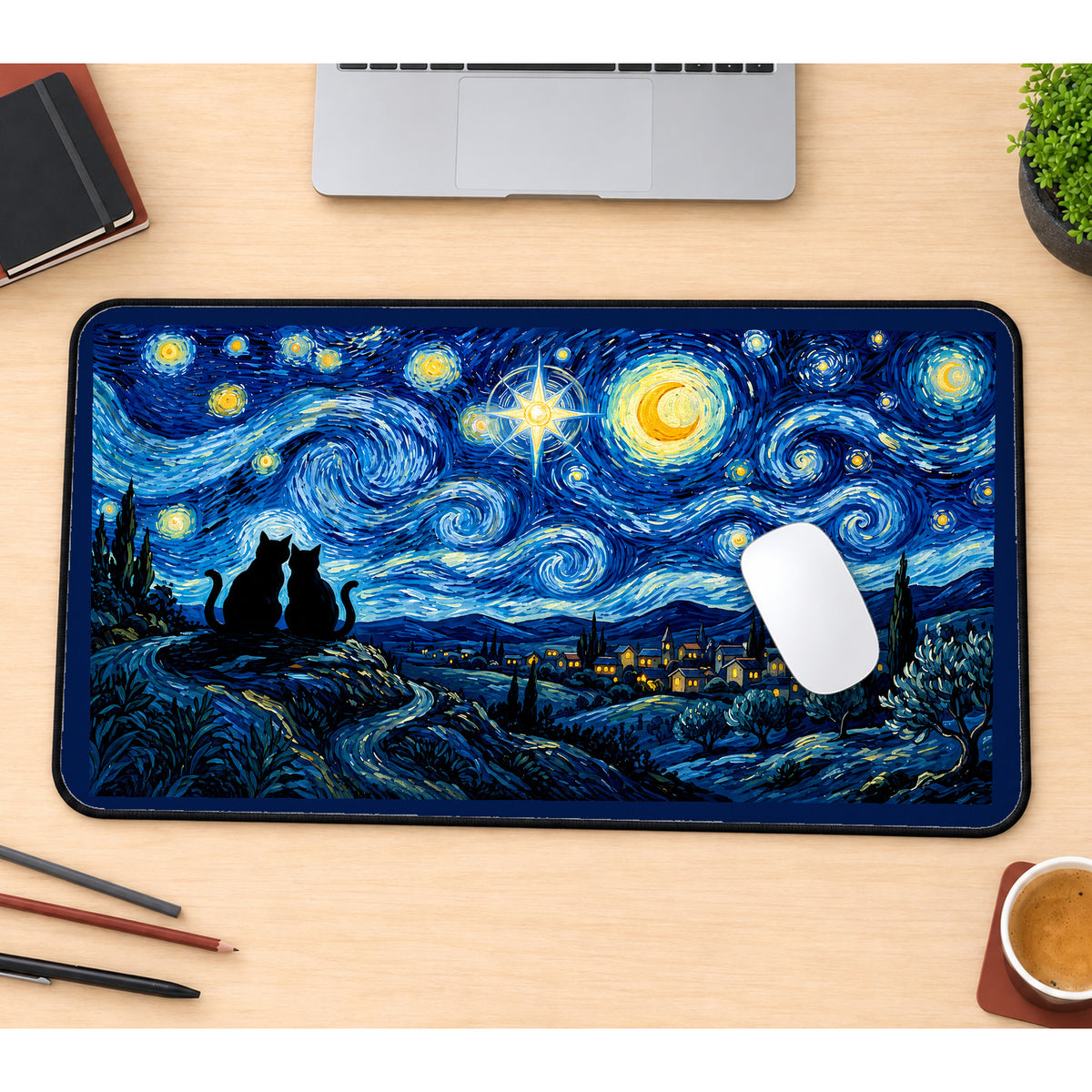 Cats Beneath Swirling Stars desk mat — product mockup 1