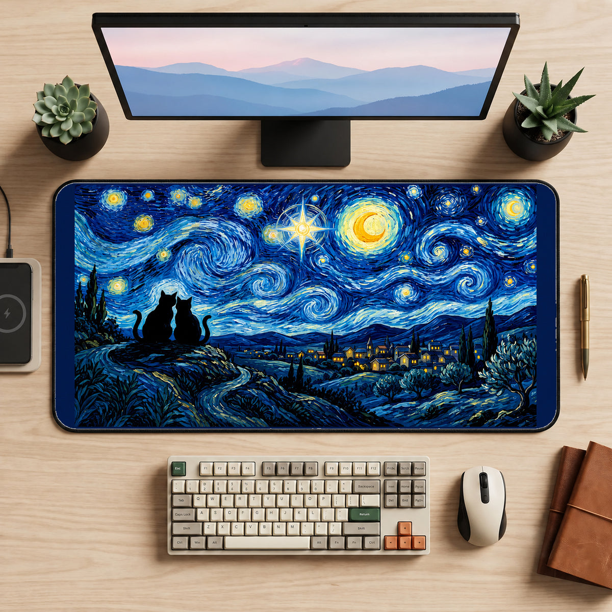 Cats Beneath Swirling Stars desk mat — product mockup 2