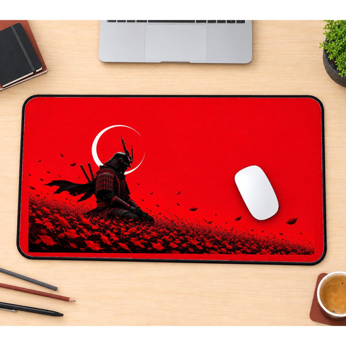 Samurai in Crimson Petals desk mat — product mockup 1