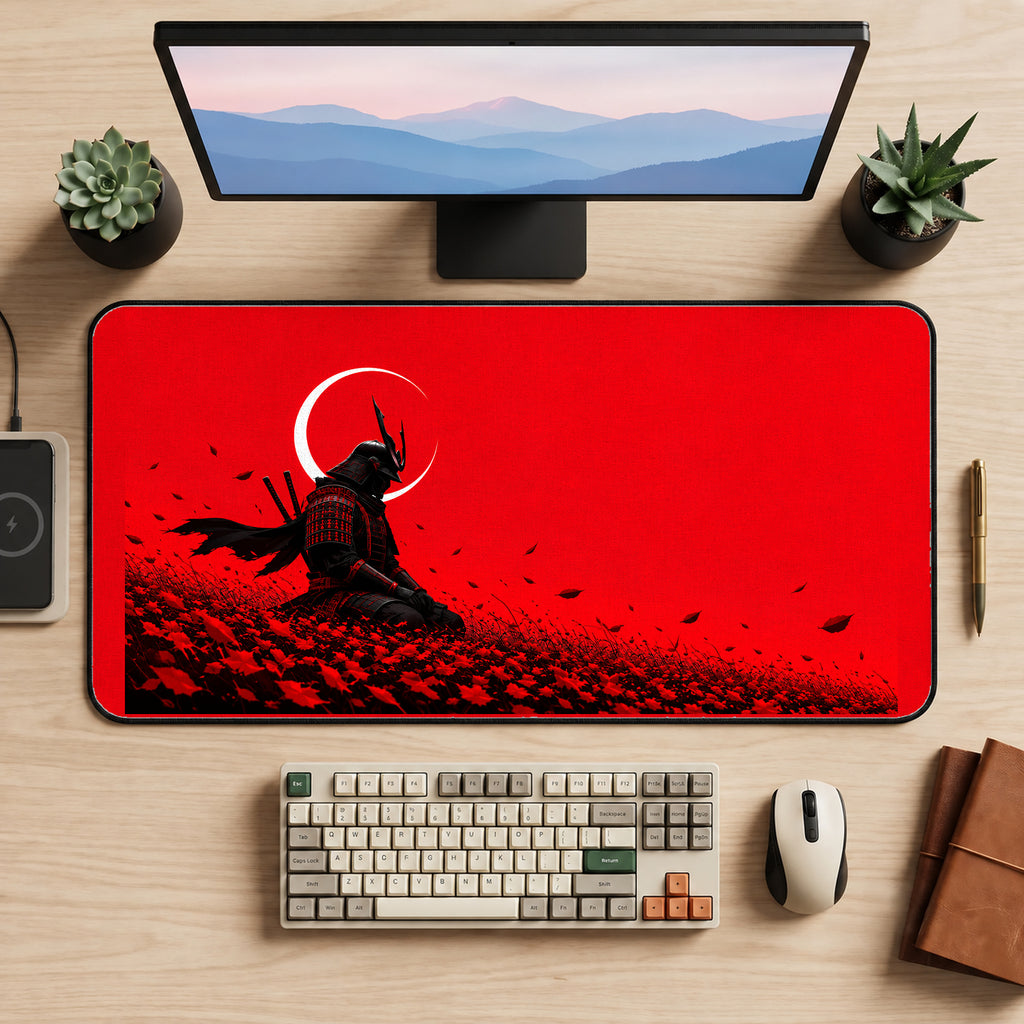 Samurai in Crimson Petals desk mat — product mockup 2