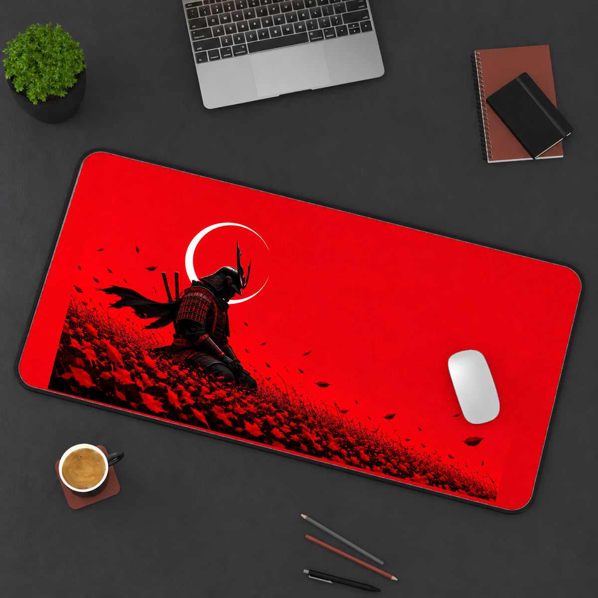Samurai in Crimson Petals desk mat — product mockup 3