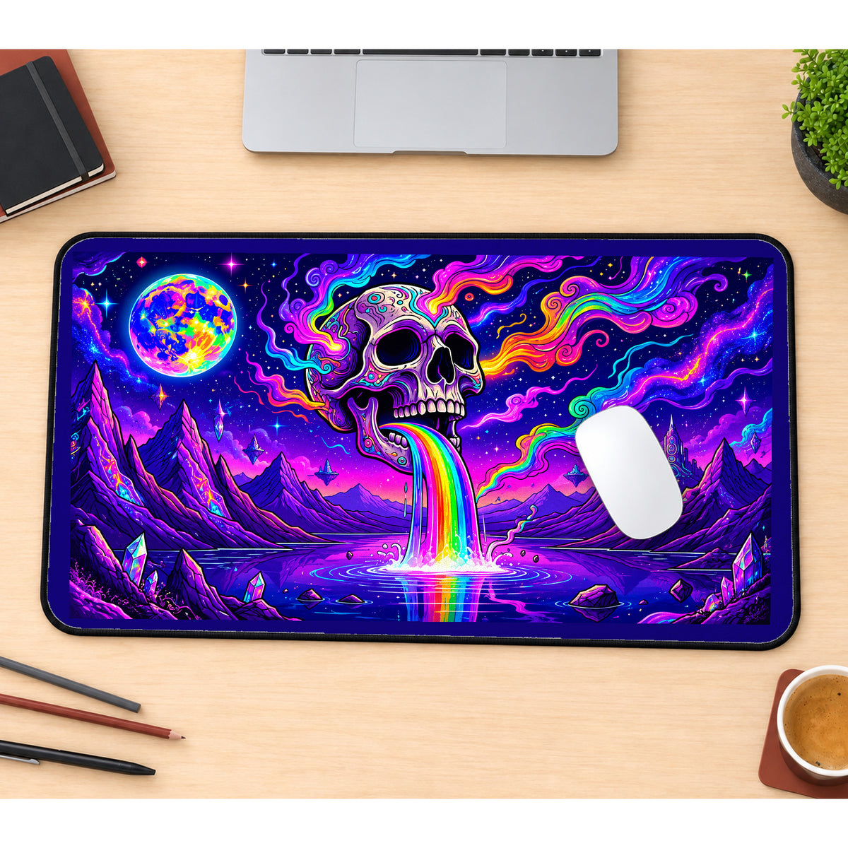 Rainbow Cosmic Skull desk mat — product mockup 1