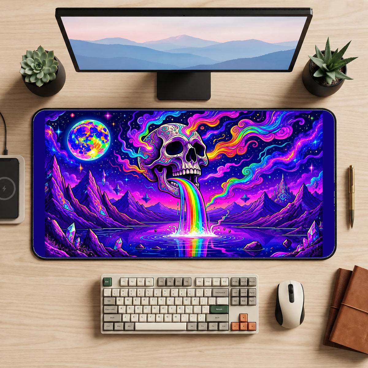 Rainbow Cosmic Skull desk mat — product mockup 2