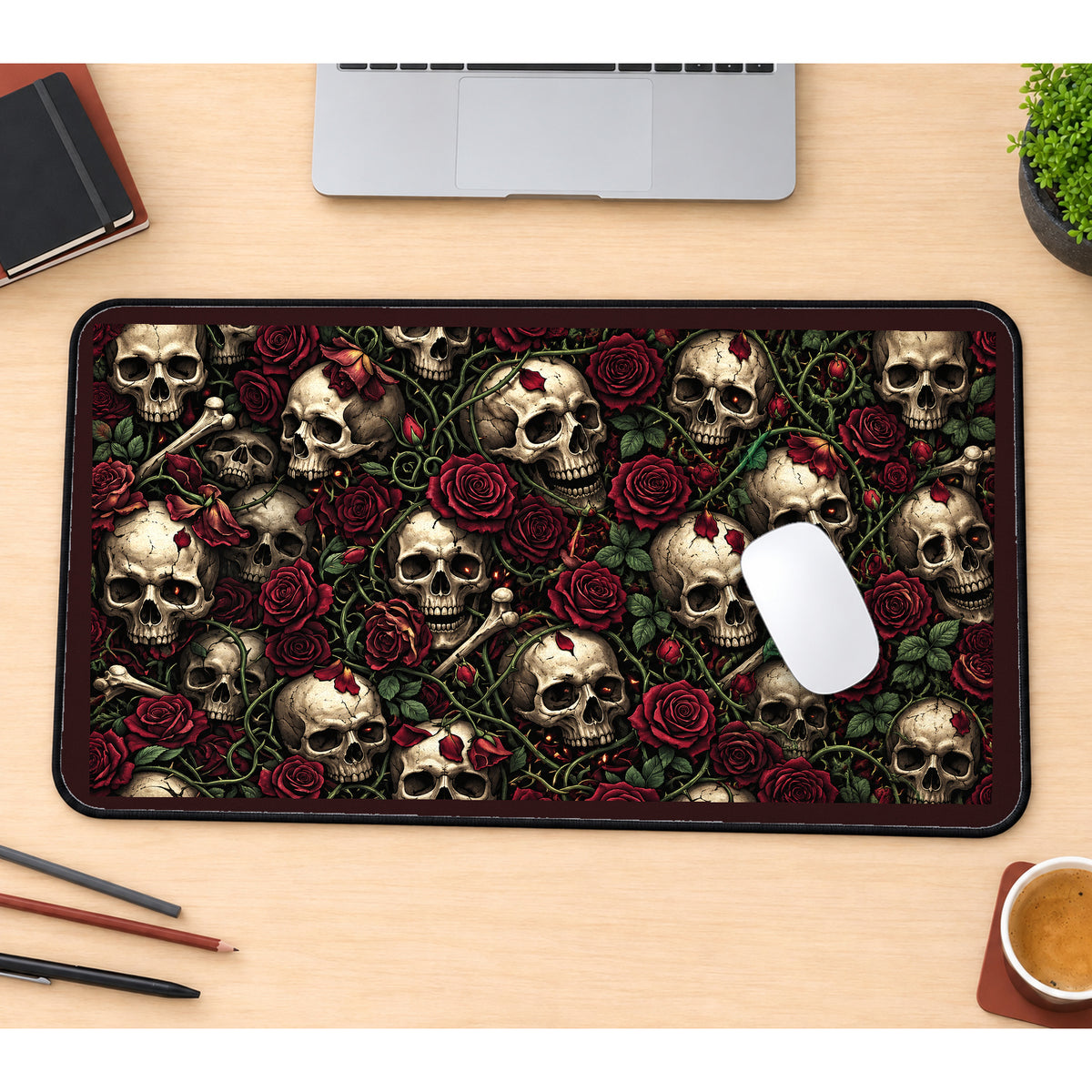Skulls and Burgundy Roses desk mat — product mockup 1