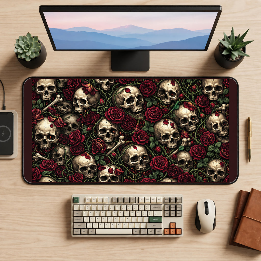 Skulls and Burgundy Roses desk mat — product mockup 2