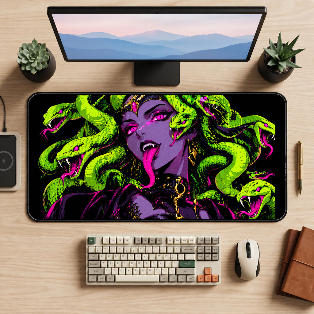 Neon Serpent Gorgon desk mat — product mockup 2