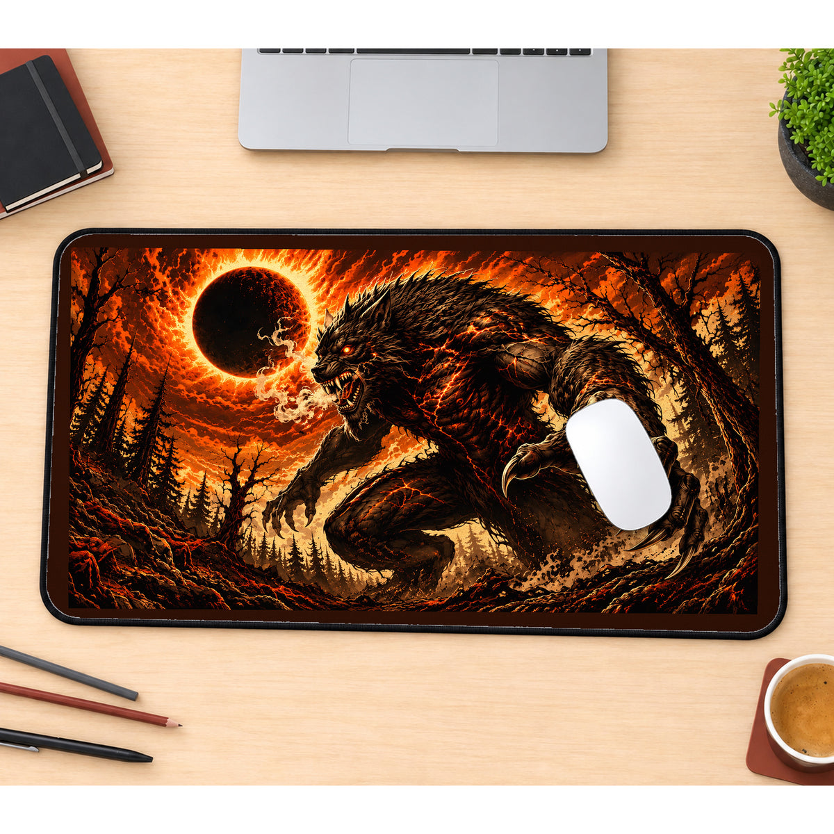 Werewolf Beneath a Fiery Eclipse desk mat — product mockup 1